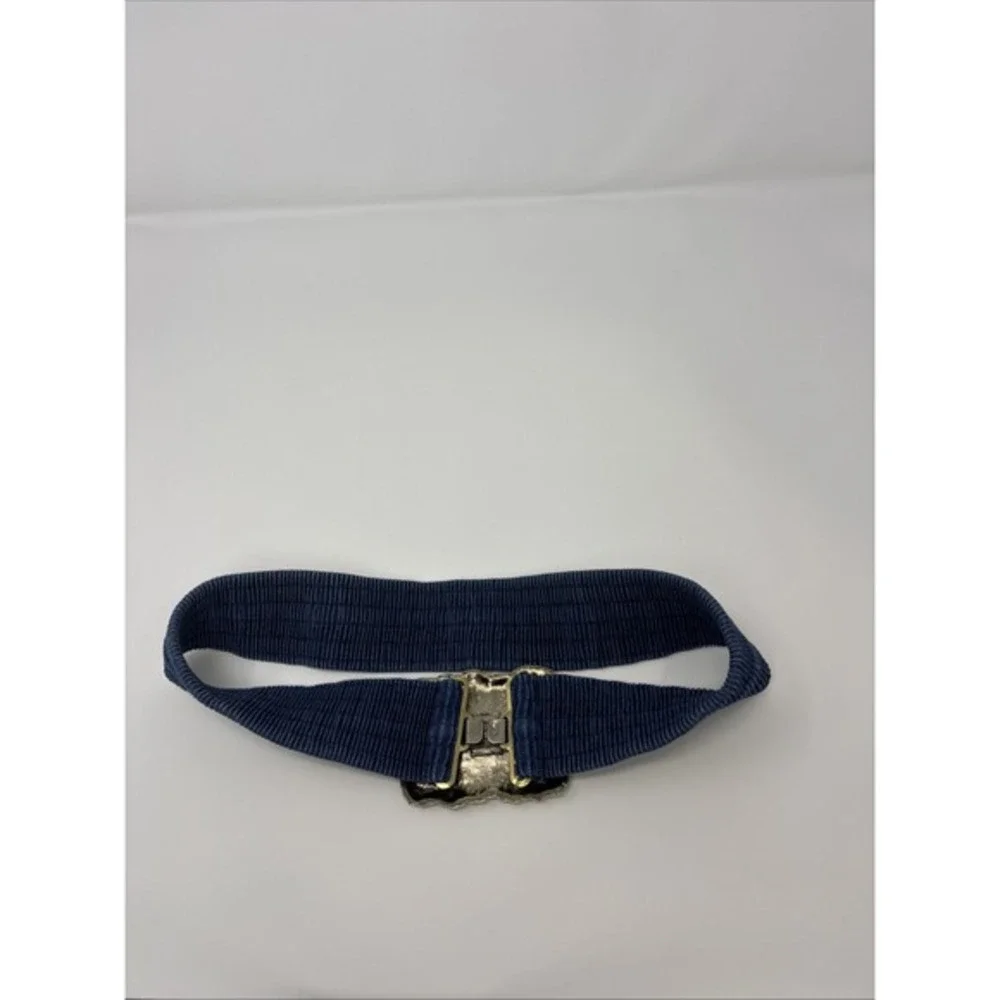 Vintage Navy Blue Elastic Cinch Belt Gold Tone Textured Sculptural‎ Buckle Retro